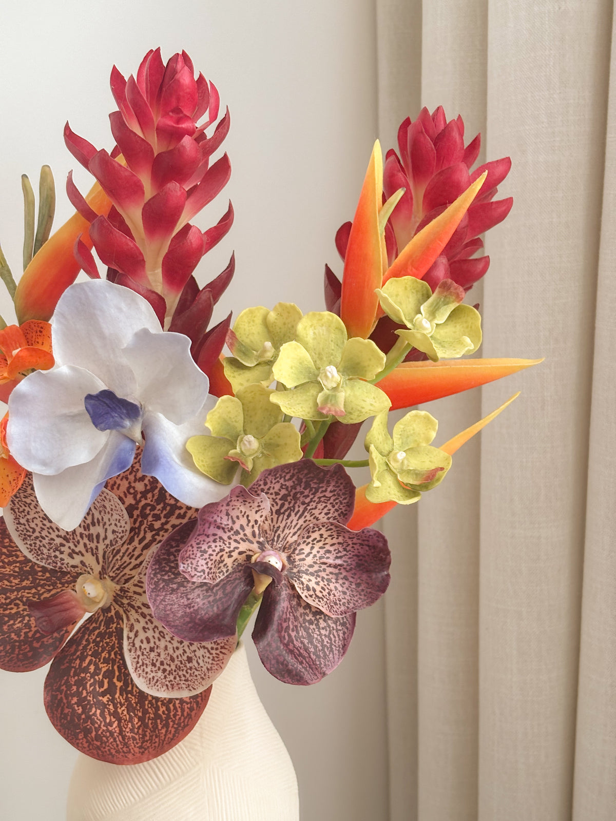 Detail view: tropical artificial flower arrangement by FAUX Dubai