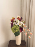 Faux sage hydrangea, white anemone and orchid garden arrangement by FAUX Dubai
