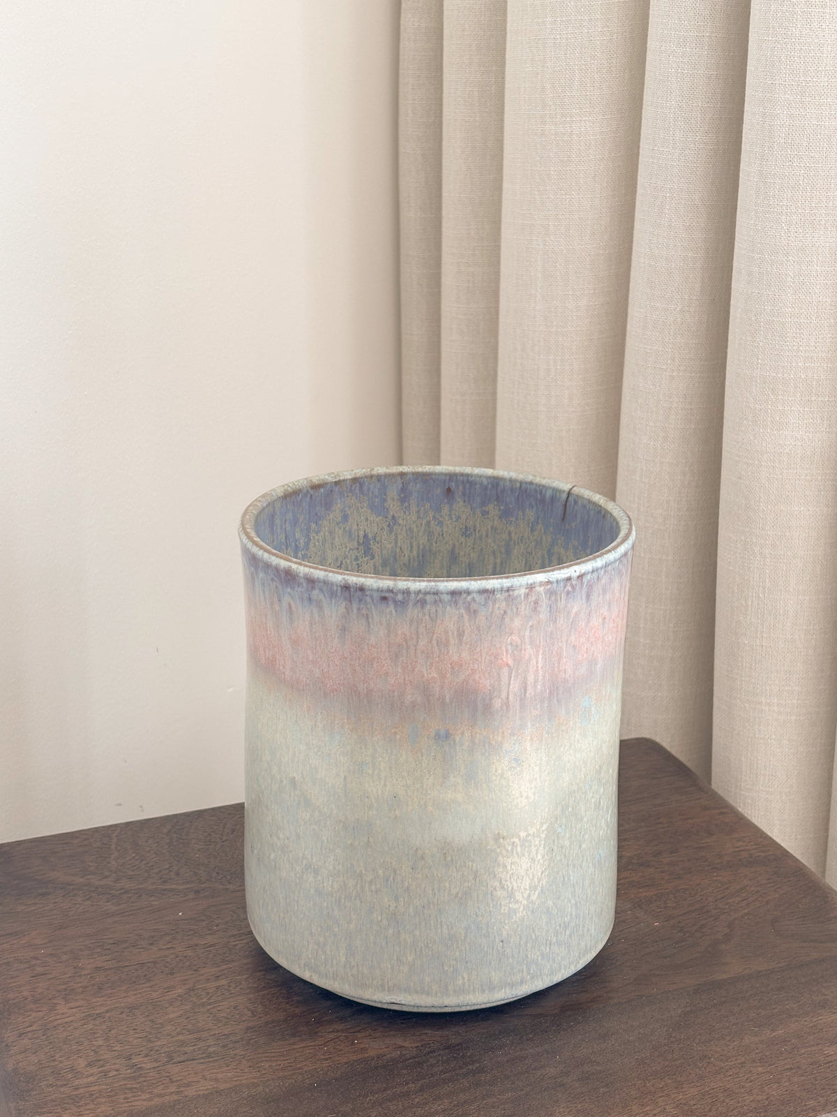Ceramic cylinder vase in blue and pink reactive glaze, Vase Sol by FAUX Dubai