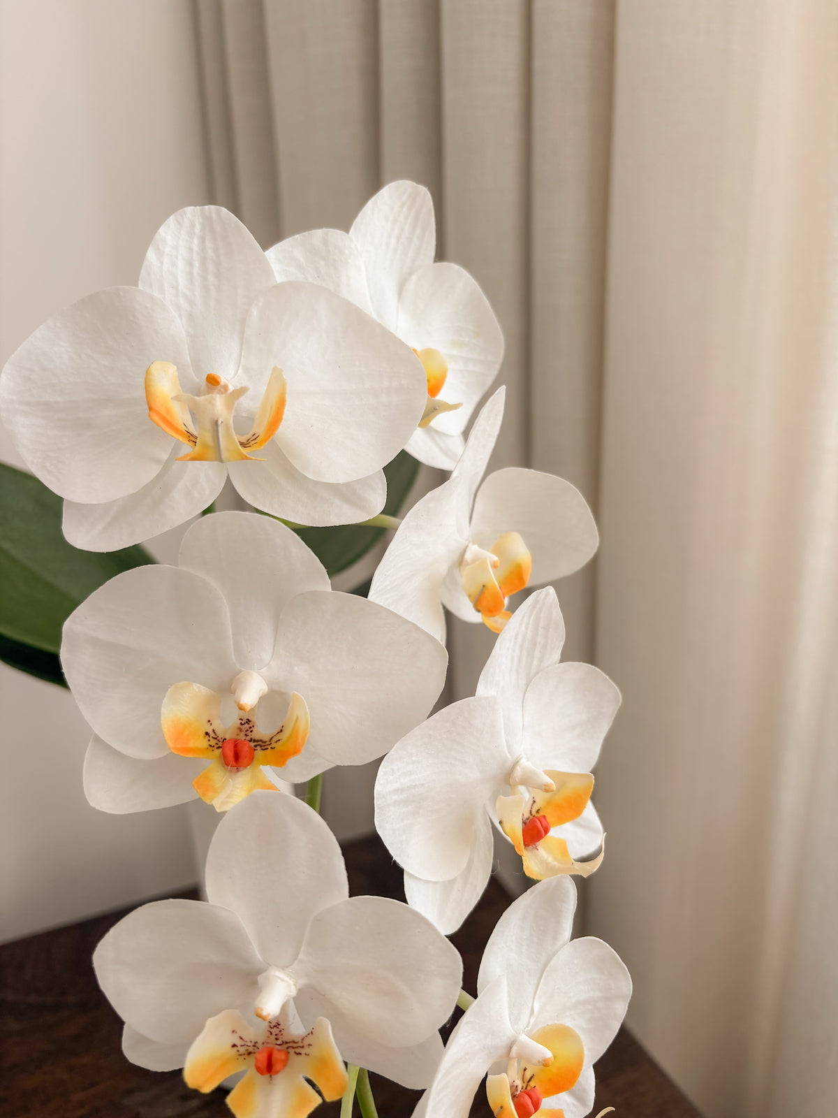 Detail view: single stem artificial white orchid by FAUX Dubai